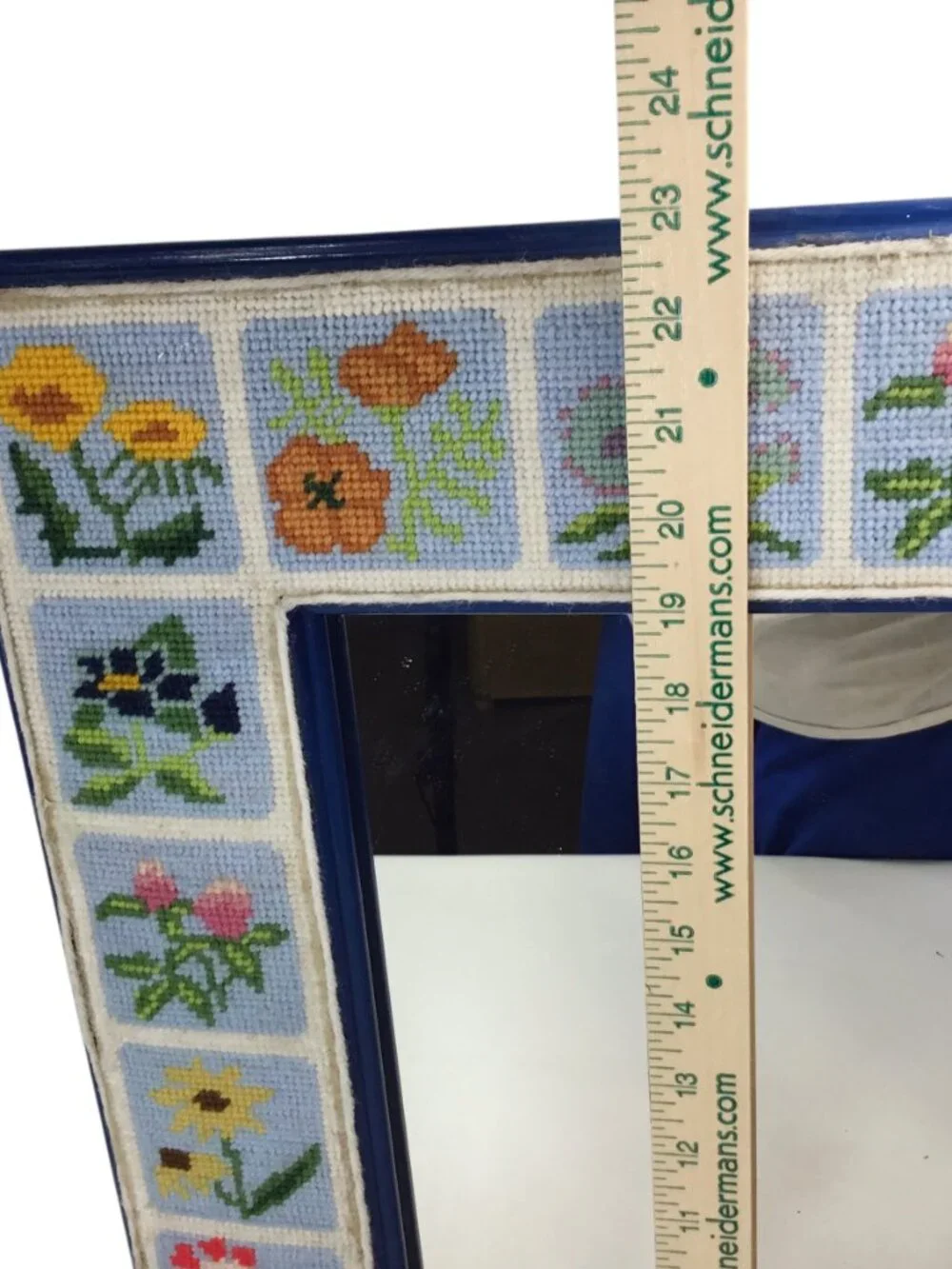 Vtg Finished Framed Needlepoint Wall Mirror Flowers Floral 23 x 16.5 Handmade